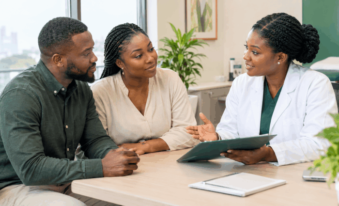 Nigerian couple consulting a fertility specialist at a fertility clinic in Lagos