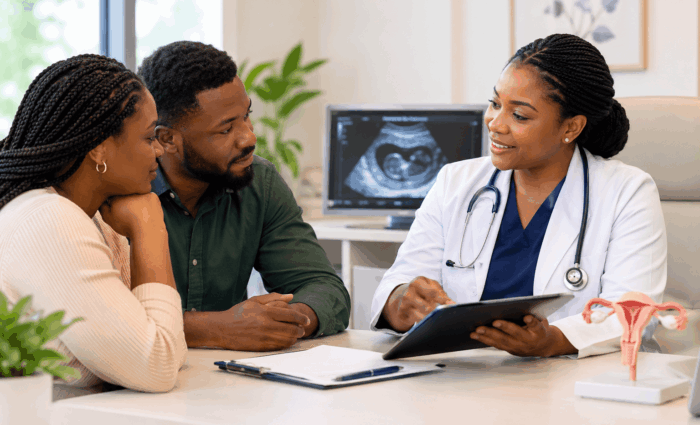 Black couple consulting a female fertility specialist at a fertility clinic in Lagos.