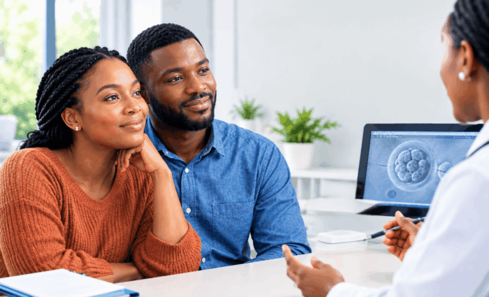 A couple discussing IVF treatment with a fertility specialist in a fertility clinic