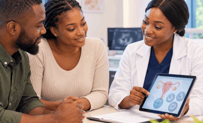 Black couple consulting a fertility specialist about in vitro fertilization near them at a modern fertility clinic.