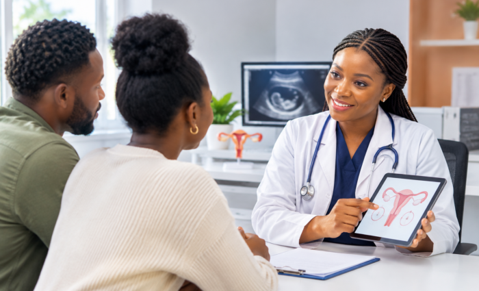 Black female fertility specialist discussing IUI treatment with a couple during a consultation at a modern fertility clinic in Lekki, Lagos.